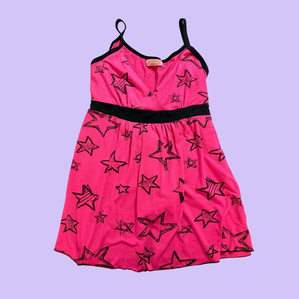 Y2K K-mode Pink Star Print Empire Waist Cami Babydoll Tunic Top Tie Back #17